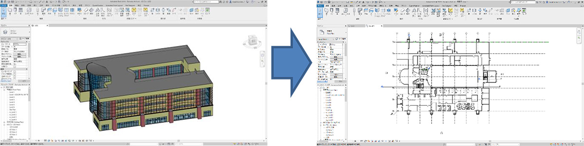 Step1:Revit を起動し、サンプルデータ「Romulus Arch.rvt」を開きビューを平面図「Level1」に変更します。
