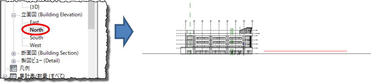 Step3:Revit のプロジェクトブラウザでビューを立面図「North」に変更します。